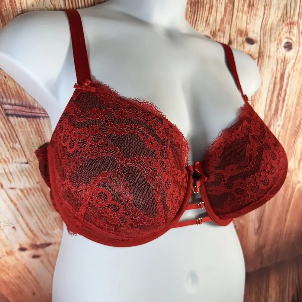 Cacique BOOST BALCONETTE Size 42F Red Lace Black Underlay Padded Underwire Bra - Picture 2 of 6